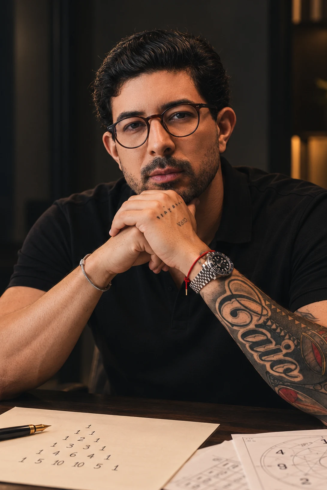 Roger Freitas, numerólogo, na mesa com um mapa numerológico